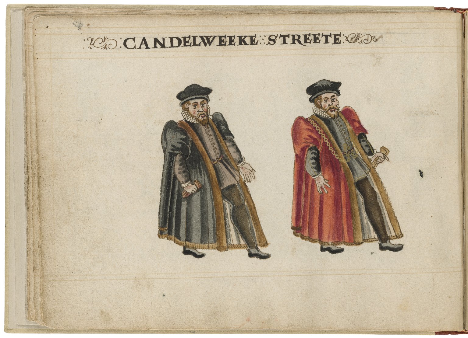 Watercolour painting of the alderman and deputy in charge of Candlewick Street Ward by Hugh Alley. Image courtesy of the Folger Digital Image Collection.