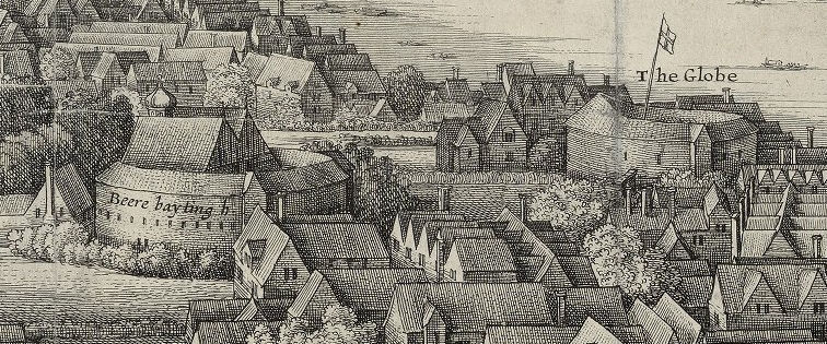 The Bear Garden (left) and the Bull Baiting arena (right) as depicted by Hollar’s long view map of 1647. Image courtesy of the Folger Digital Image Collection.