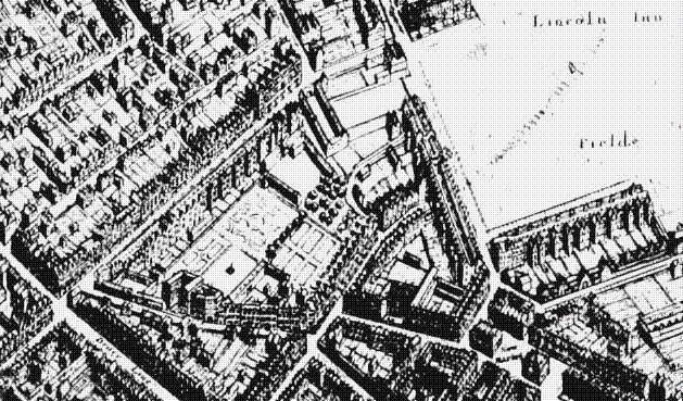 The Cockpit may be the large building
                        with gardens in the rear that is slightly to the right and above the street
                        name Drury Lane. Image of Extract from Map by Hollar, c. 1658 courtesy of
                        BHO.