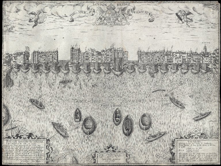 The view of London Bridge from east to weste by John Norden () From the Folger Shakespeare Library Digital Image CollectionDigital Image File 7497). Used by permission of the Folger Shakespeare Library under a CC BY-SA 4.0 license.