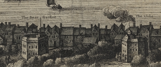 The Bear Garden (left) and the Bull Baiting arena (right) as depicted by Visscher’s map of1616. Image courtesy of the Folger Digital Image Collection.
