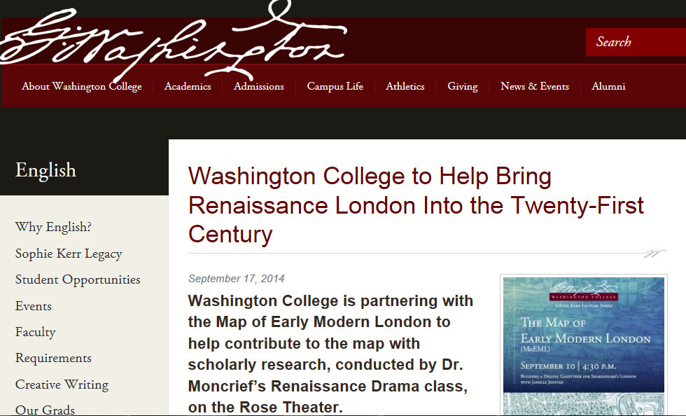 Washington College news story on MoEML Pedagogical
                        Partnership