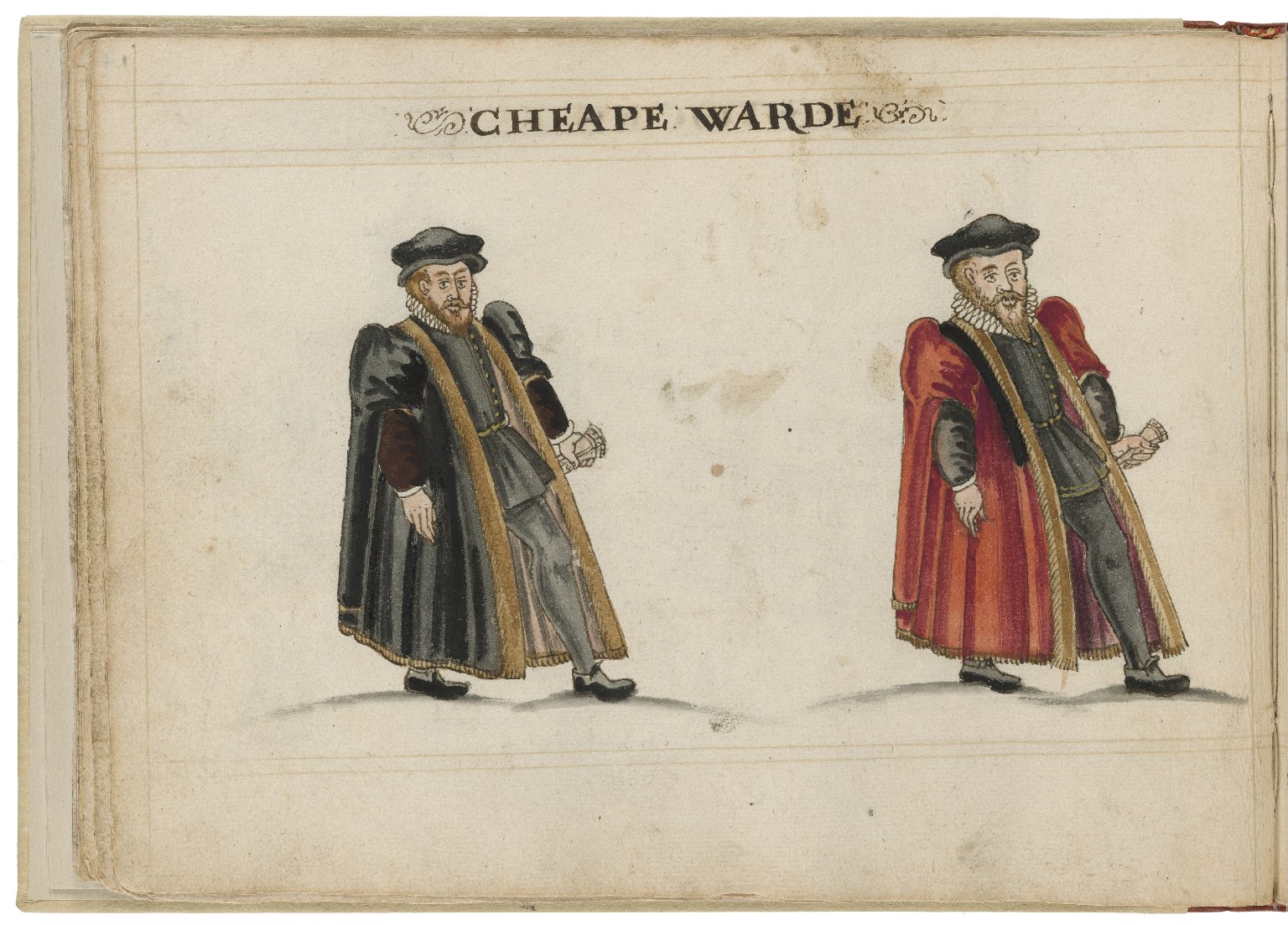 Watercolour painting of the alderman and deputy in charge of Cheap Ward by Hugh Alley. Image courtesy of the Folger Digital Image Collection.