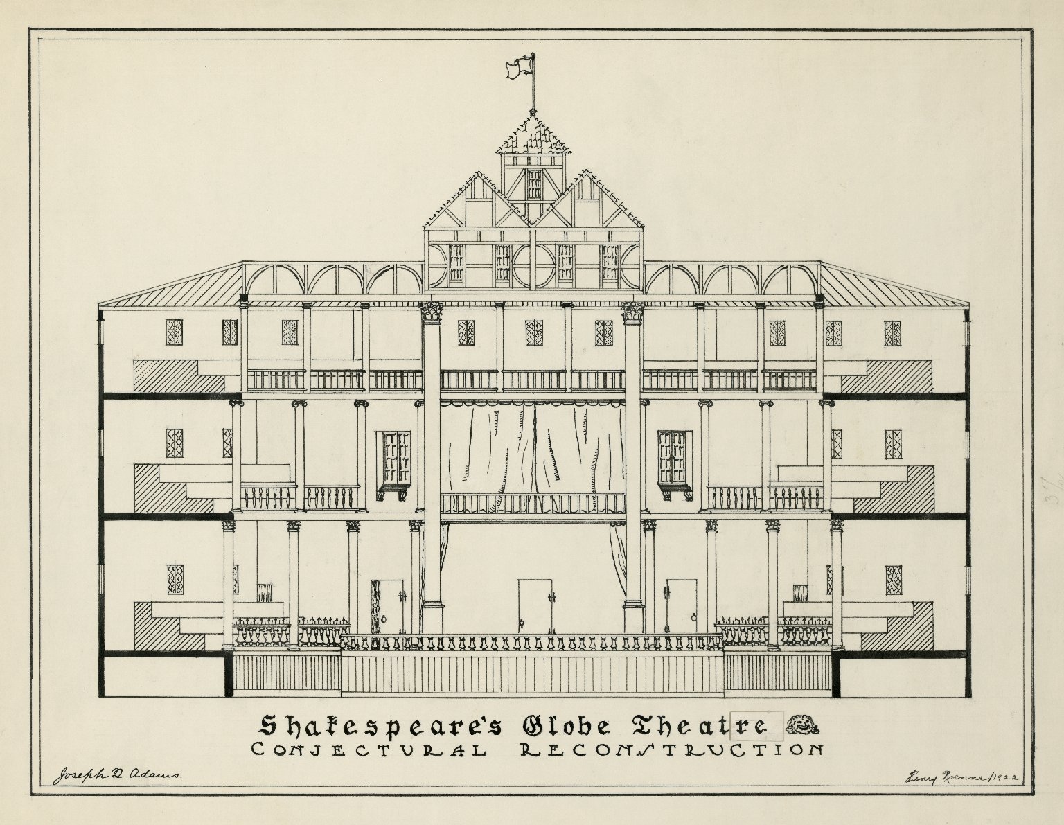 Conjectural diagram of the Globe by Joseph Quincy Adams. Image courtesy of the Folger Digital Image Collection.