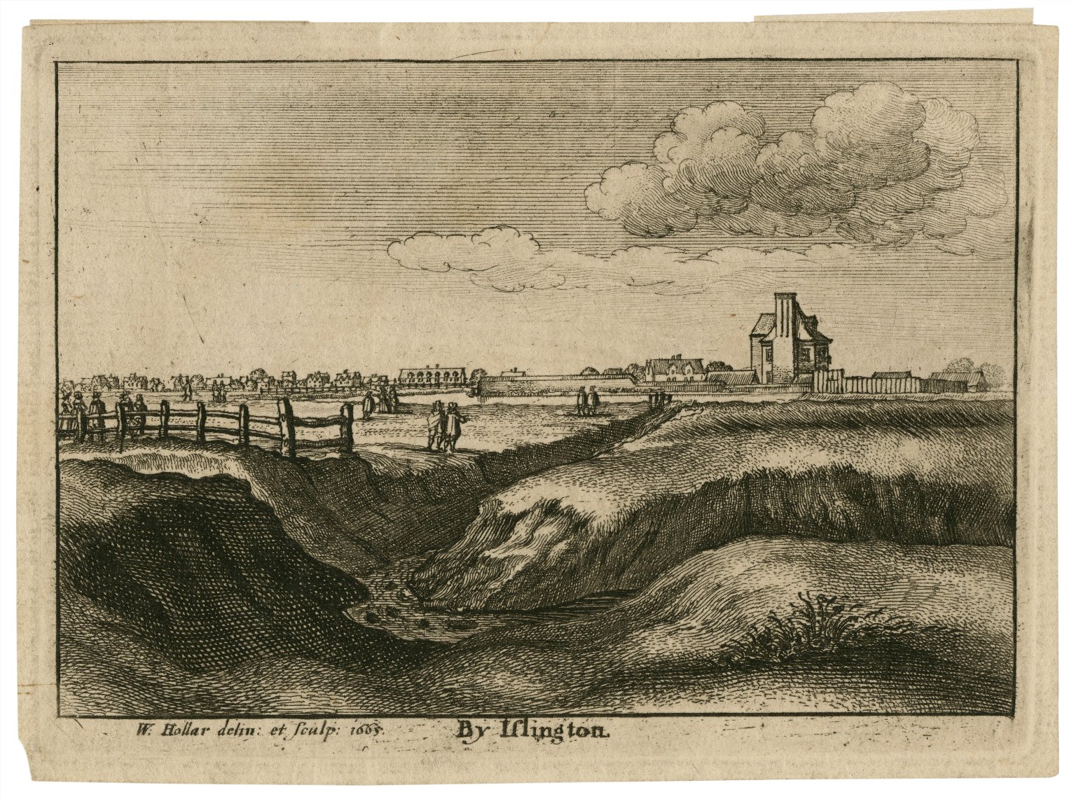 Engraving of Islington, including a water house, by Wenceslaus Hollar. Image courtesy of the Folger Digital Image Collection.