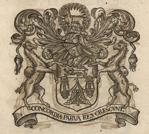 The coat of arms of the Merchant Taylors’
                    Company, from Stow (1633).
                    [Full size
                    image]