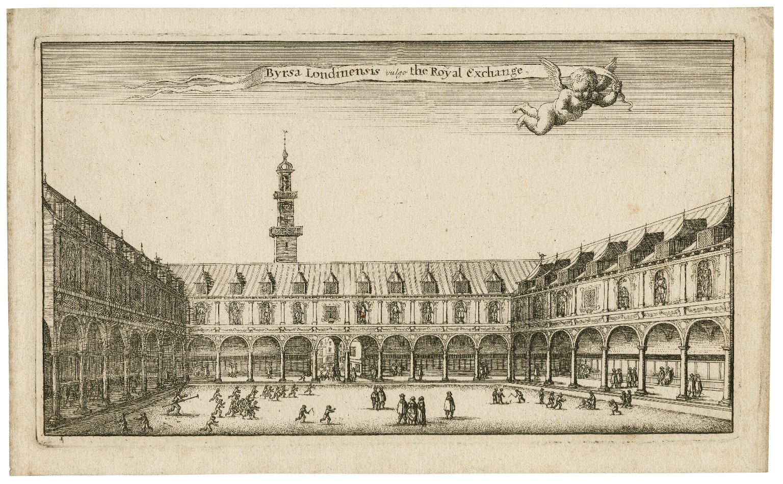 Engraving of the courtyard of the Royal Exchange by Wenceslaus Hollar. Image courtesy of the Folger Digital Image Collection.