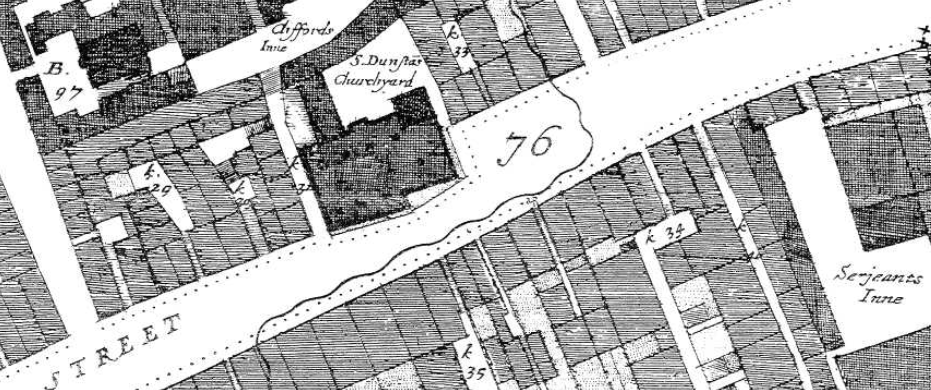 The Ogilby and Morgan map (1676), showing Ram Alley (labelled k40). Image courtesy of British History Online (BHO).