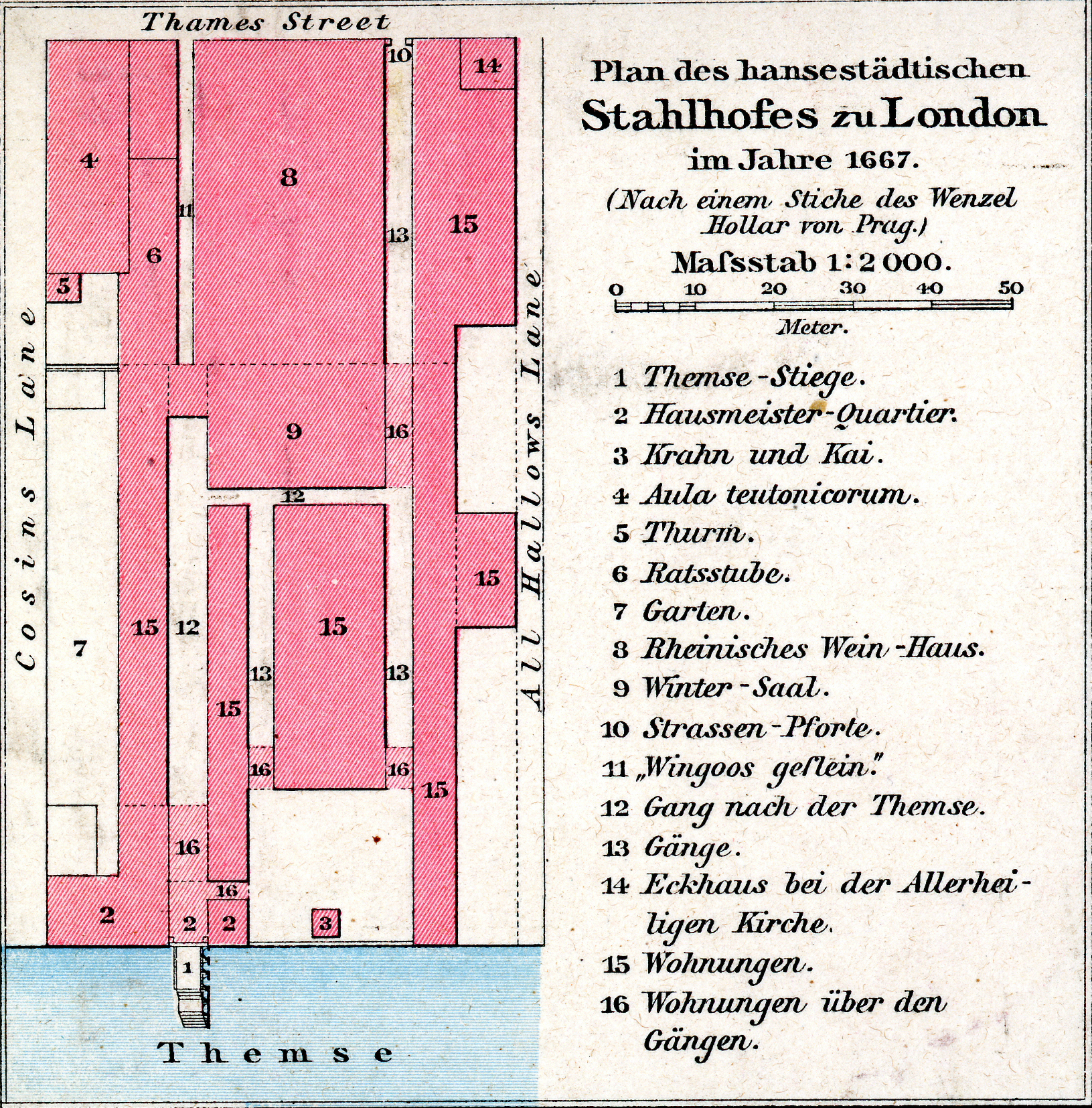 Plan of the Steelyard circa 1667, as depicted in Gustav Droysen’s Allgemeiner Historischer Handatlas (Plate 28). Image courtesy of Wikimedia Commons.