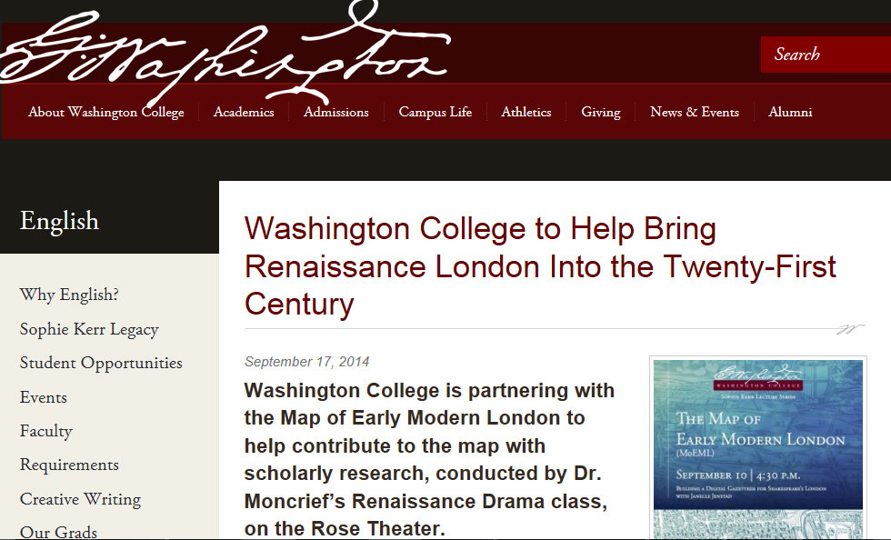 Washington College news story on MoEML Pedagogical
                        Partnership