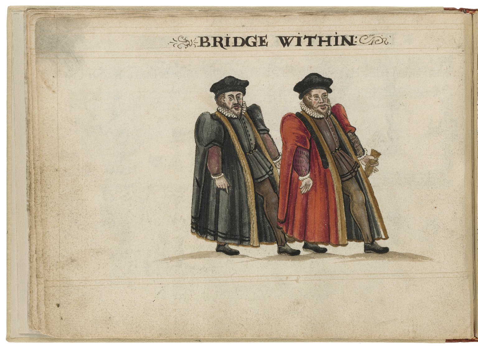 Watercolour painting of the alderman and deputy in charge of Bridge Within Ward by Hugh Alley. Image courtesy of the Folger Digital Image Collection.