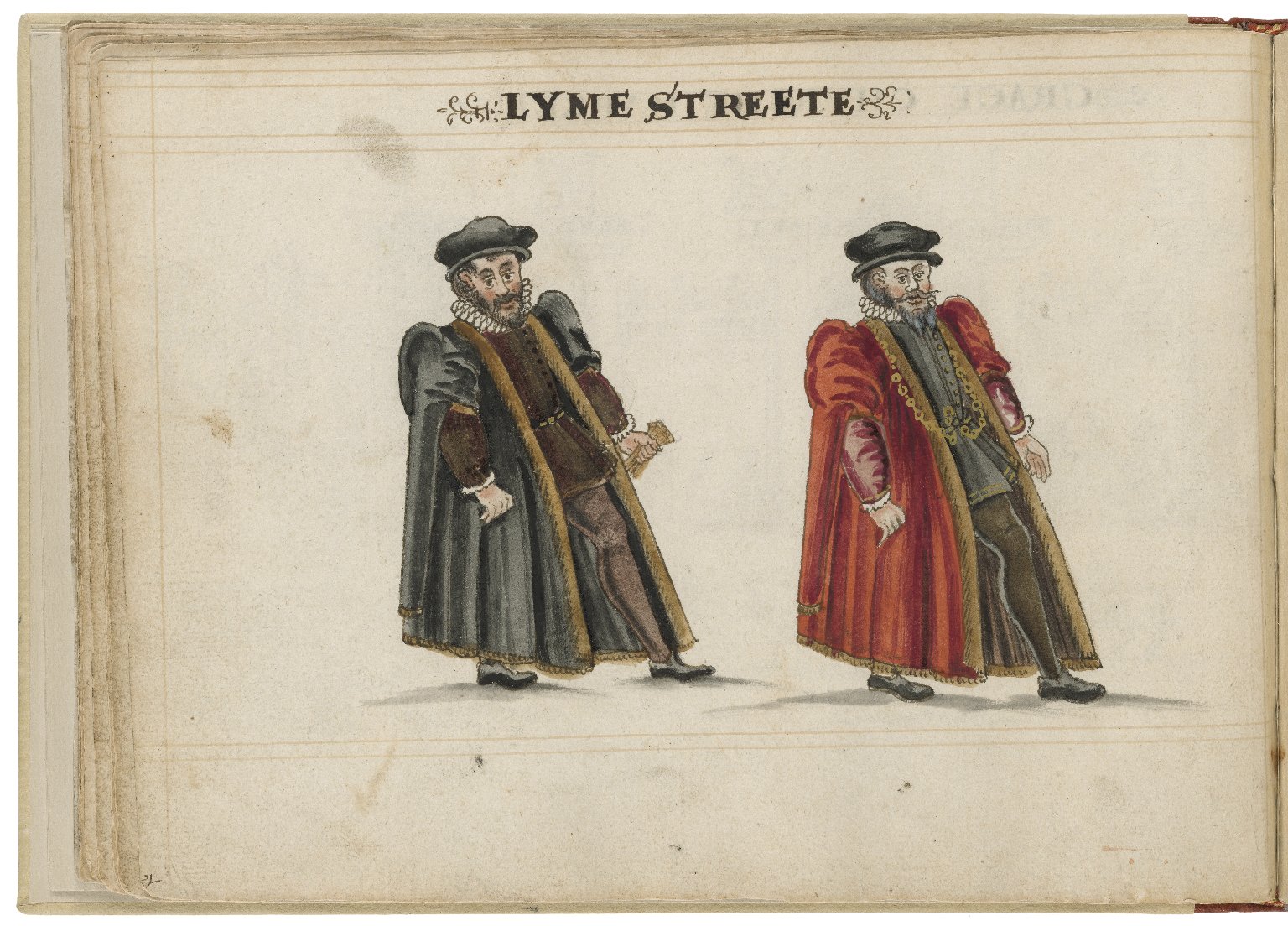 Watercolour painting of the alderman and deputy in charge of Lime Street Ward by Hugh Alley. Image courtesy of the Folger Digital Image Collection.