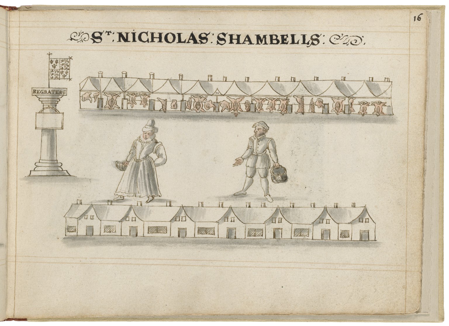 Drawing of St. Nicholas Shambles by Hugh Alley. Image courtesy of the Folger Digital Image Collection.