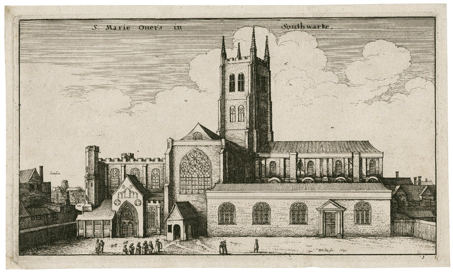 Engraving of St. Saviour (Southwark) (though presented here with its former dedication, 
                        St. Marie Ouer’s) by Wenceslaus Hollar. Image courtesy of the Folger Digital Image Collection.