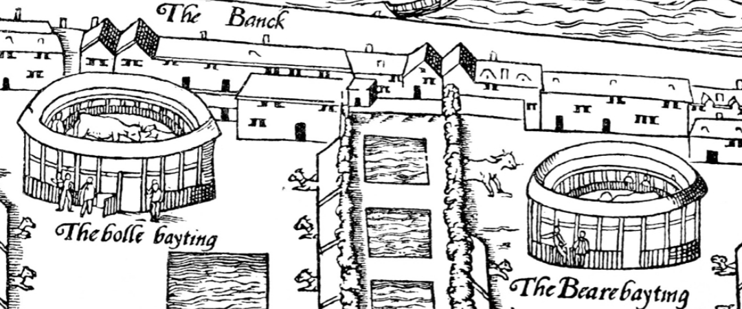 The Bull Baiting arena (left) and the Bear Garden (right) as depicted by the Agas map of 1633.