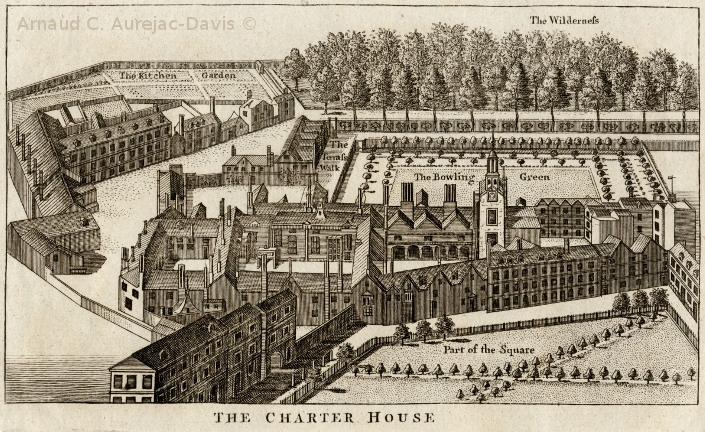 Eighteenth-century engraving, showing that the new Charterhouse maintained much of its original architecture and enormous grounds.  Image courtesy of the Humanities Research Institute (HRI).