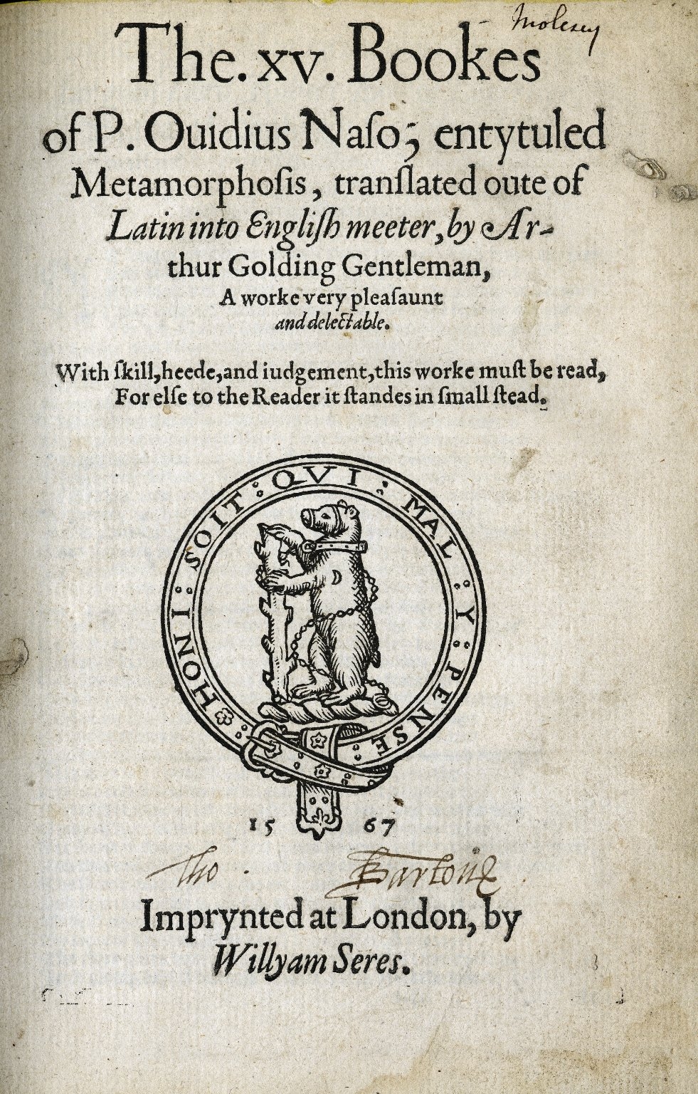 Title page of Ovid’s Metamorphoses (1567, trans. Arthur Golding). Image courtesy of the Folger Digital Image Collection.