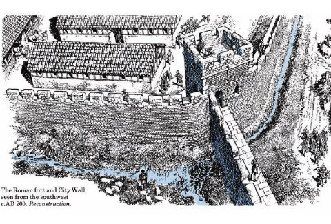 Sketch of what the Roman Wall might have looked like circa 200 C.E. Image courtesy of the Historic UK.