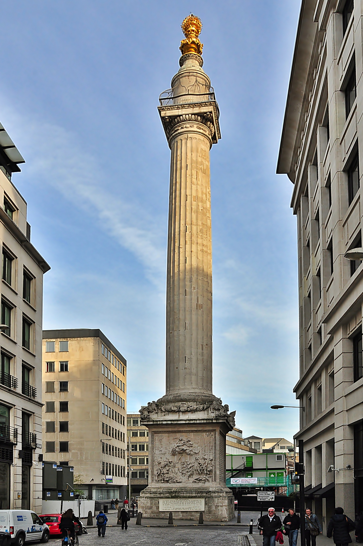 The Monument to the Great Fire of London, which sits at the juncture between Monument Street and a truncated New Fish Street (now known as Fish Street Hill). Courtesy of Wikimedia Commons. For more information about the monument and its ongoing restoration, see The Monument