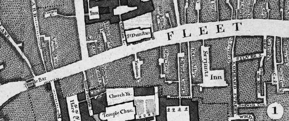 The Rocque map (1676), showing Ram Alley. Image courtesy of Locating London’s Past.