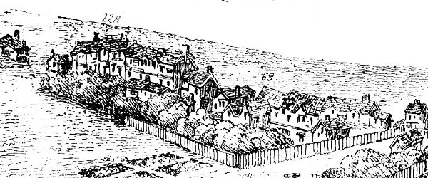 The Bankside stews as depicted by Wyngaerde’s panorama of 1543. Image courtesy of Wikimedia Commons.