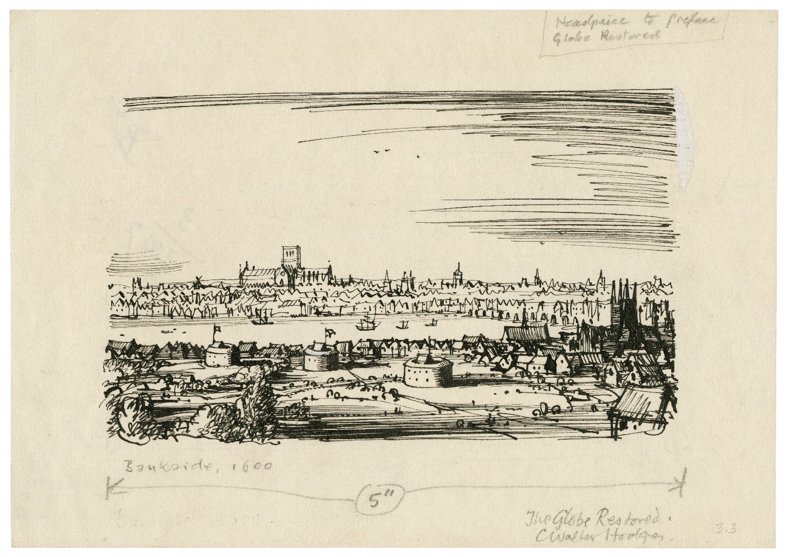 Conjectural view of Bankside by C. Walter Hodges. Image courtesy of the Folger Digital Image Collection.