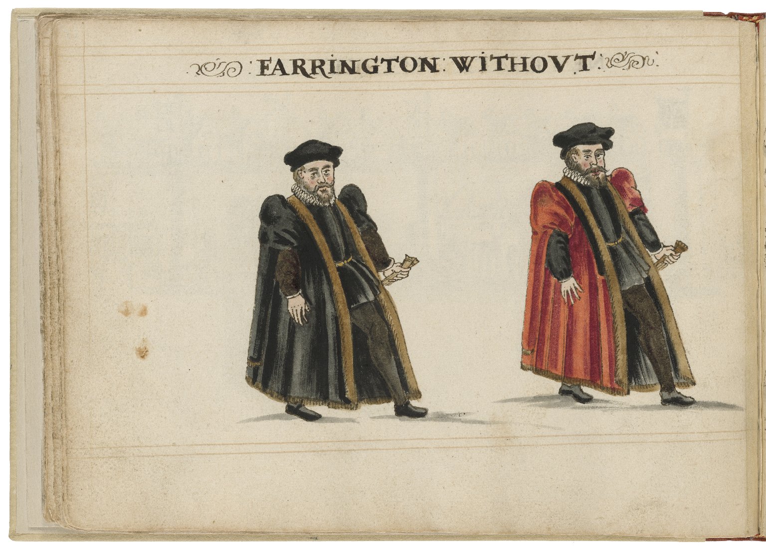 Watercolour painting of the alderman and deputy in charge of Farringdon Without Ward by Hugh Alley. Image courtesy of the Folger Digital Image Collection.