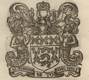 The coat of arms of the Fishmongers’
                    Company, from Stow (1633).
                    [Full size
                    image]