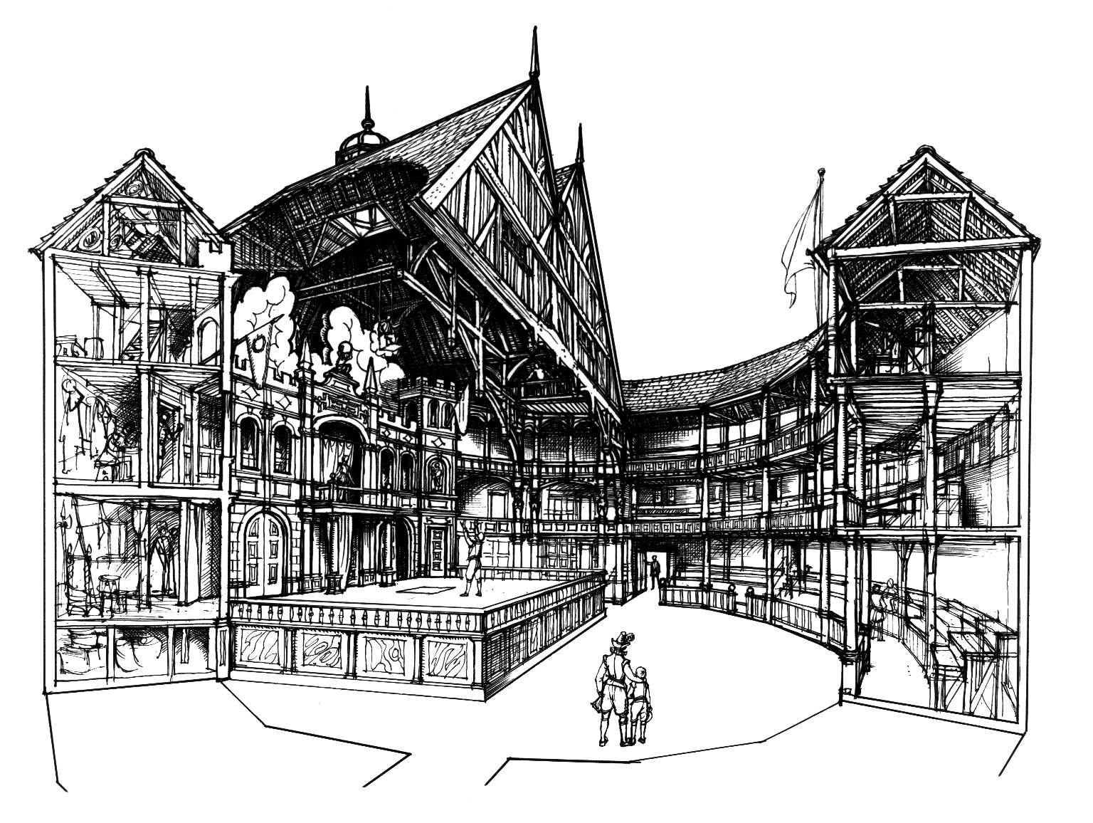 Conjectural, cut-away view of the interior of the Globe by Cyril Walter Hodges. Image courtesy of the Folger Digital Image Collection.