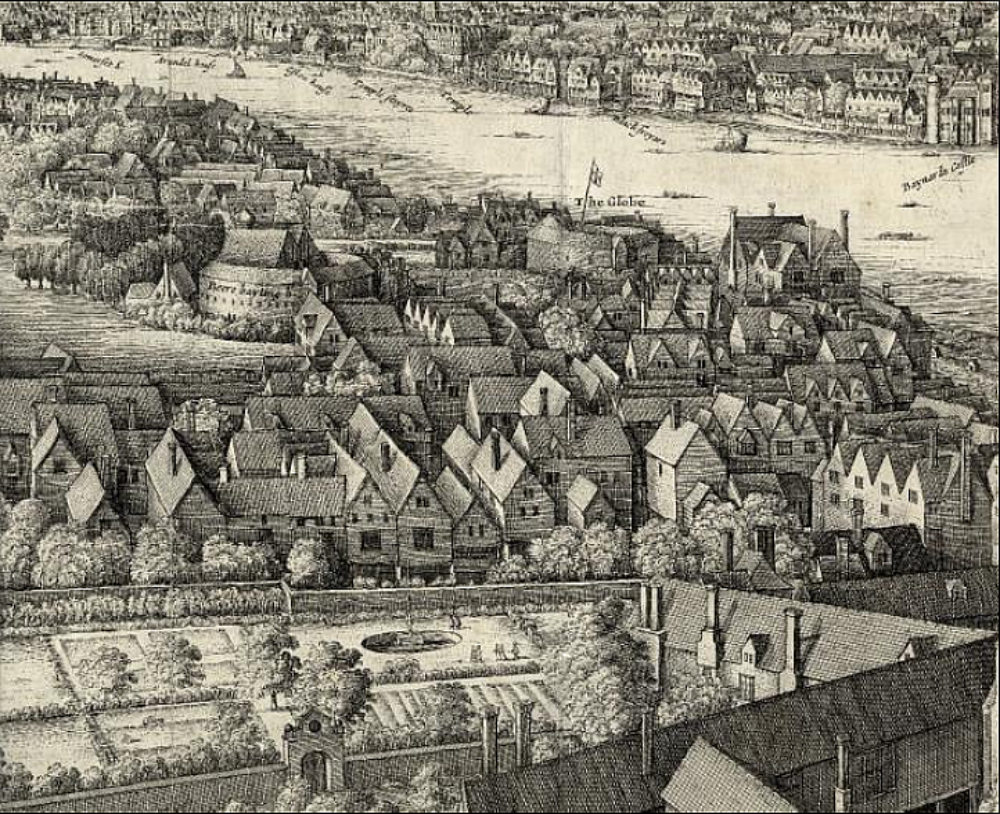 London from Bankside by Wenceslaus Hollar. The labels on the Globe and the bear-baiting ring have been switched. Image courtesy of the Folger Digital Image Collection.