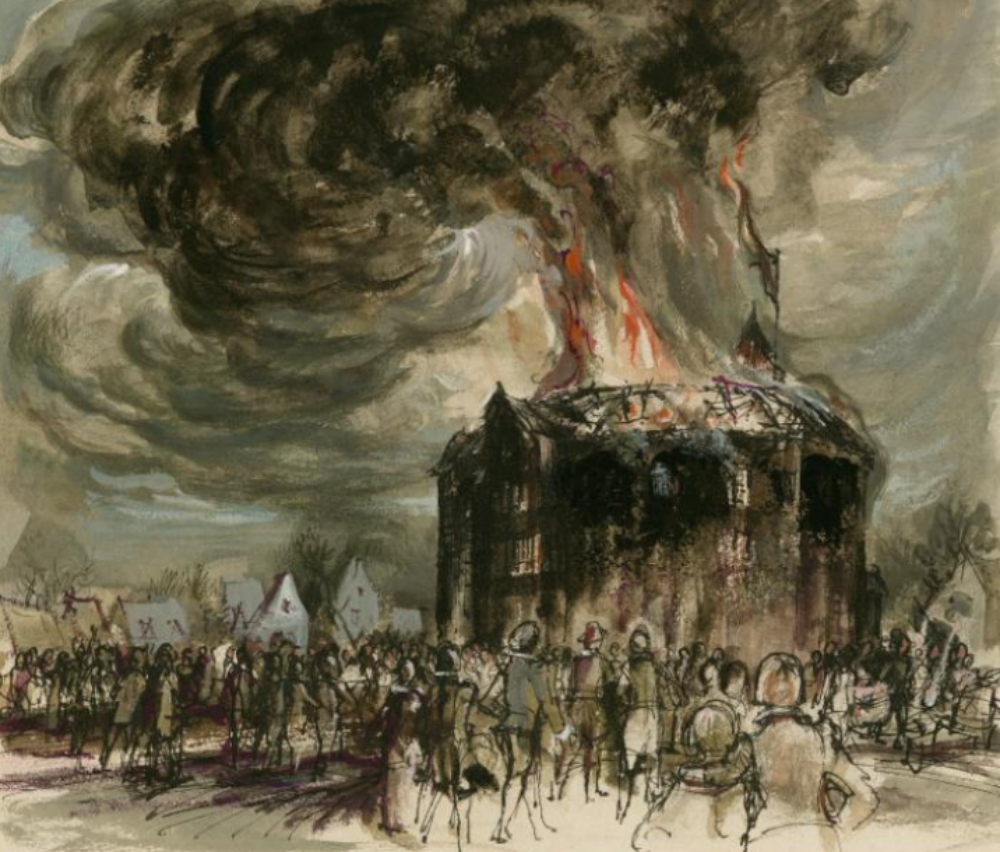 The Fire at the Globe, 1613 by Cyril Walter Hodges. Image courtesy of the Folger Digital Image Collection.