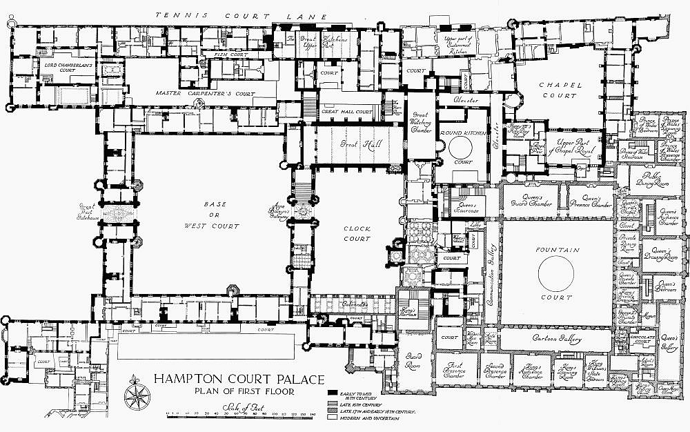 Plan of Hampton Court’s first floor from An Inventory of the Historical Monuments in Middlesex, printed by His Majesty’s Stationery Office, 1937. Image courtesy of British History Online.
