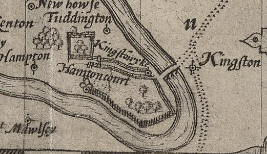 John Norden’s 1593 map of Middlesex in Speculum Britanniae, depicting Hampton Court enclosed by a wall on one side and a fence on the other. Image courtesy of the Folger Digital Image Collection.