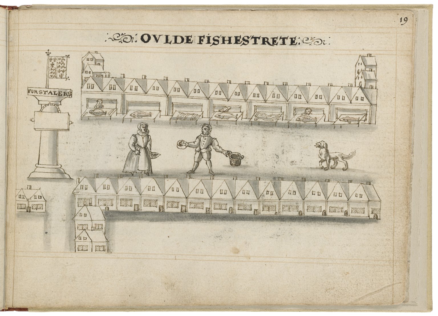 Drawing of Old Fish Street by Hugh Alley. Image courtesy of the Folger Digital Image Collection.