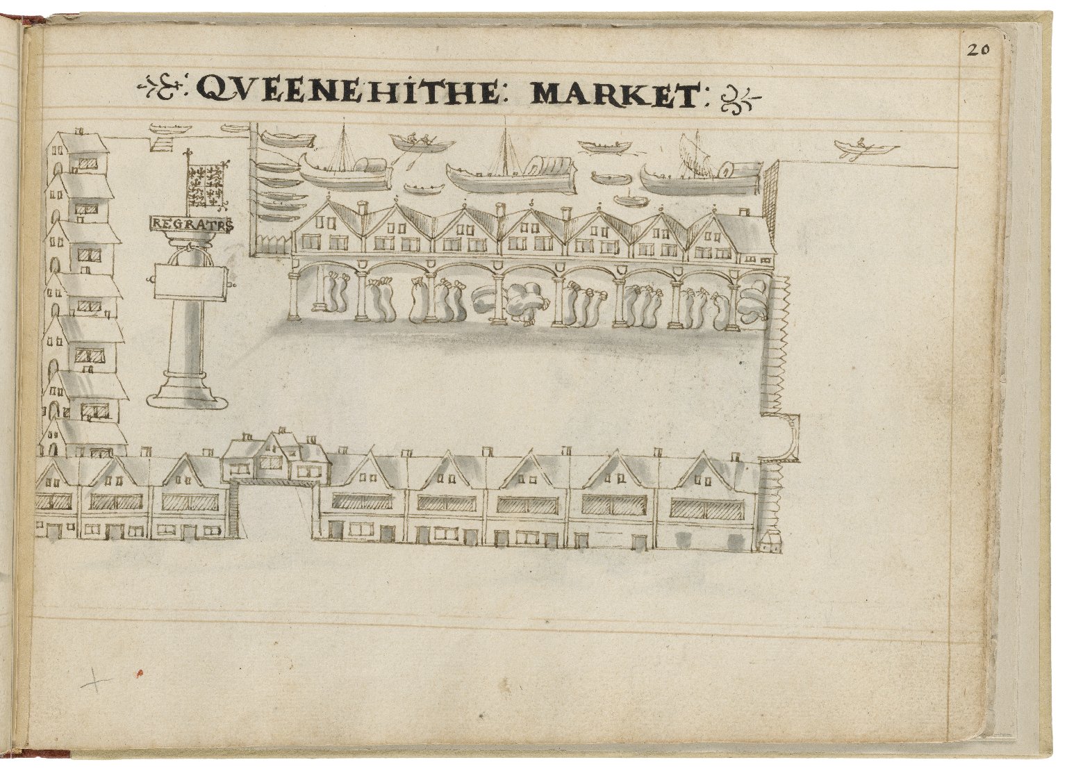 Drawing of Queenhithe by Hugh Alley. Image courtesy of the Folger Digital Image Collection.
