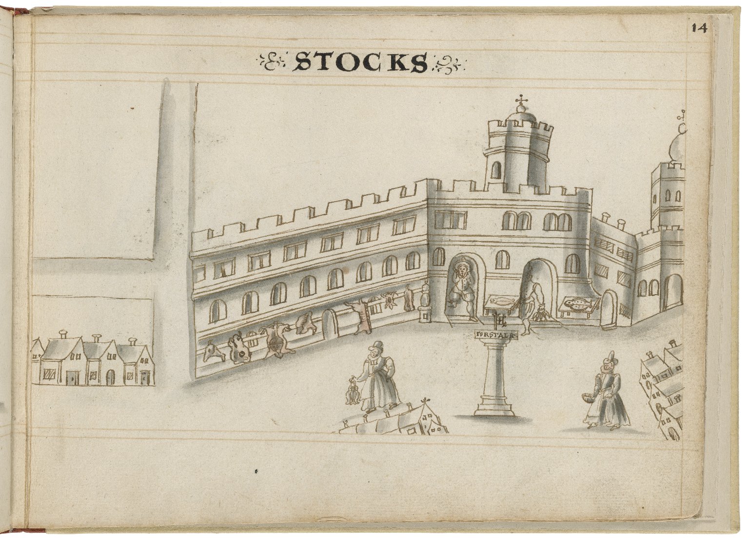 Drawing of Stocks Market by Hugh Alley. Image courtesy of the Folger Digital Image Collection.