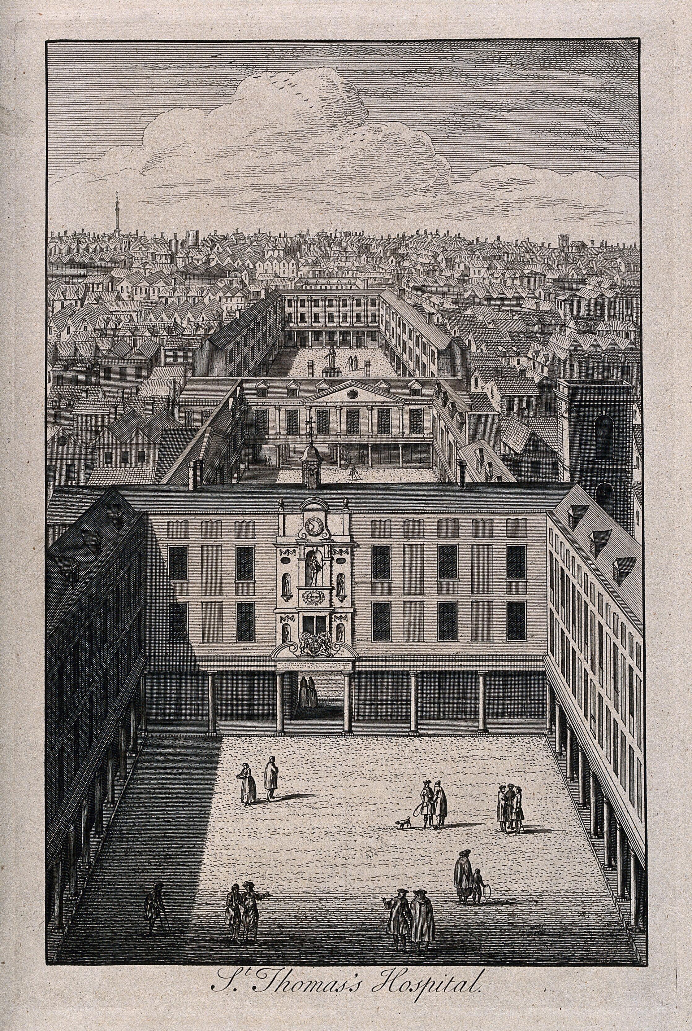 Eighteenth-century engraving of St. Thomas Hospital by W. H. Toms. Image courtesy of the Welcome Collection.