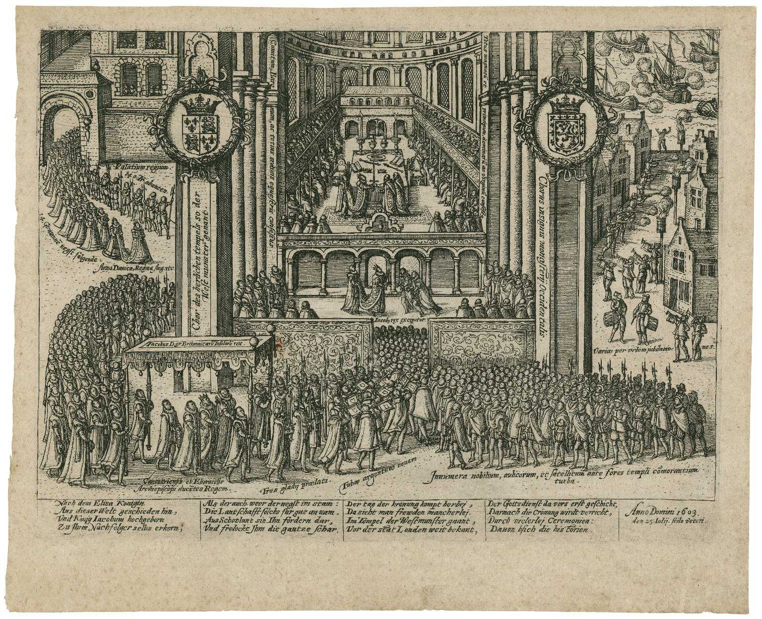 View of the exterior of Westminster Abbey during the coronation of James I by Abraham Hogenberg. Image courtesy of the Folger Digital Image Collection.
