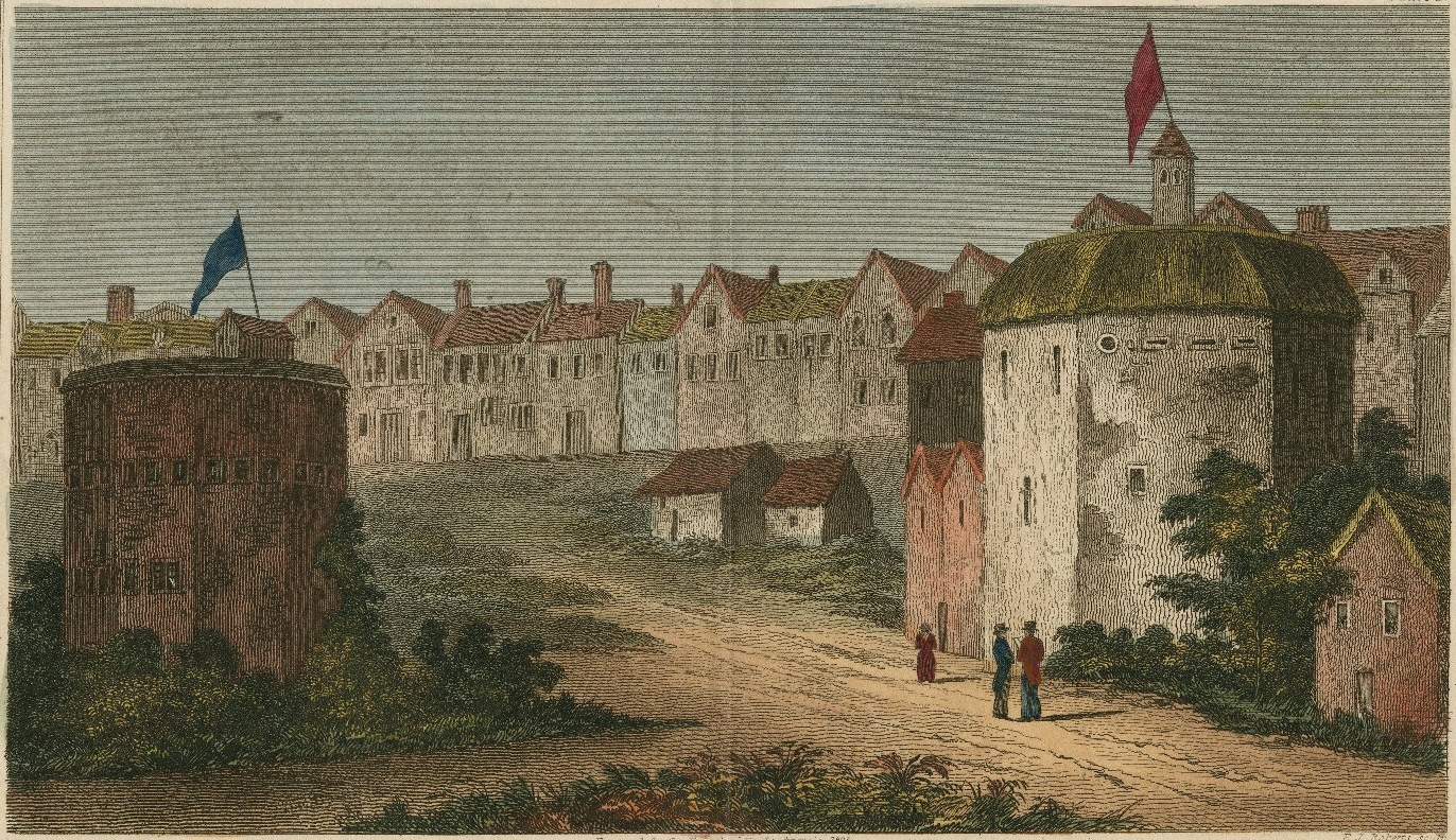 Print by Edward John Roberts depicting the Bear Garden (left) and the Globe (right). Image courtesy of the Folger Digital Image Collection.