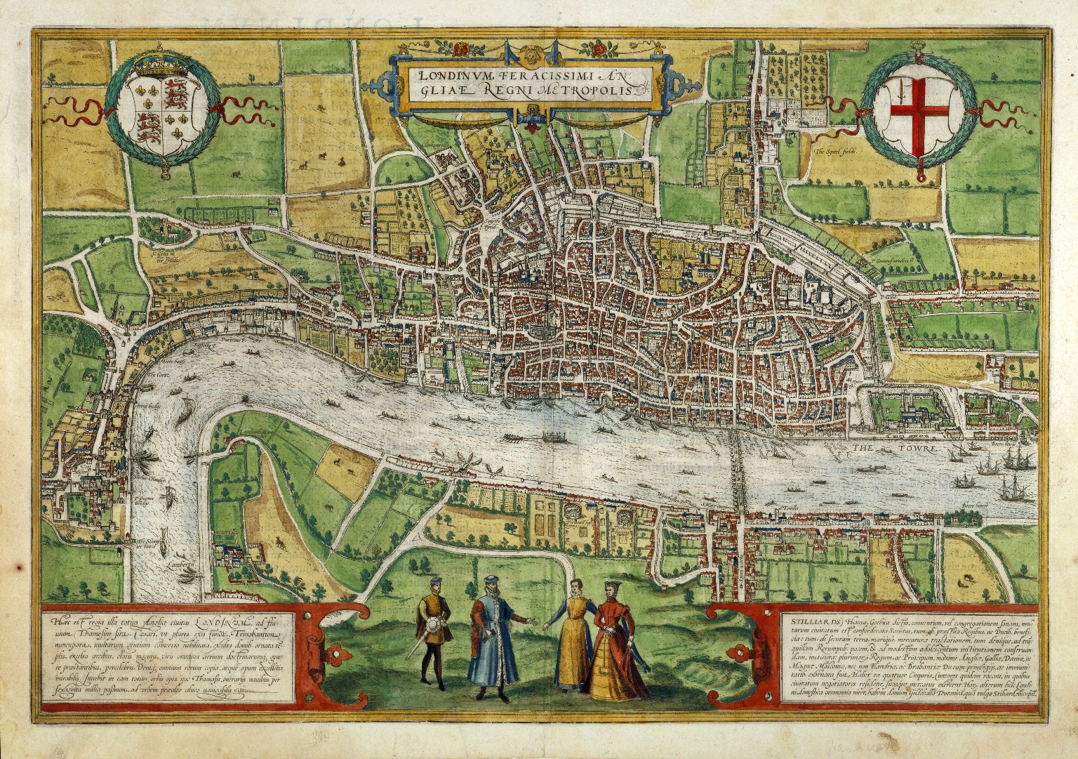 Hand-coloured map of London cut from 1635 edition of Georg Braun and Franz Hogenberg, Civitatis Orbis Terrarum.  MAP L85c no.27 (Digital Image File 3371). Used by permission of the Folger Shakespeare Library under a CC BY-SA 4.0 license. For better image resolution, view the image in LUNA.