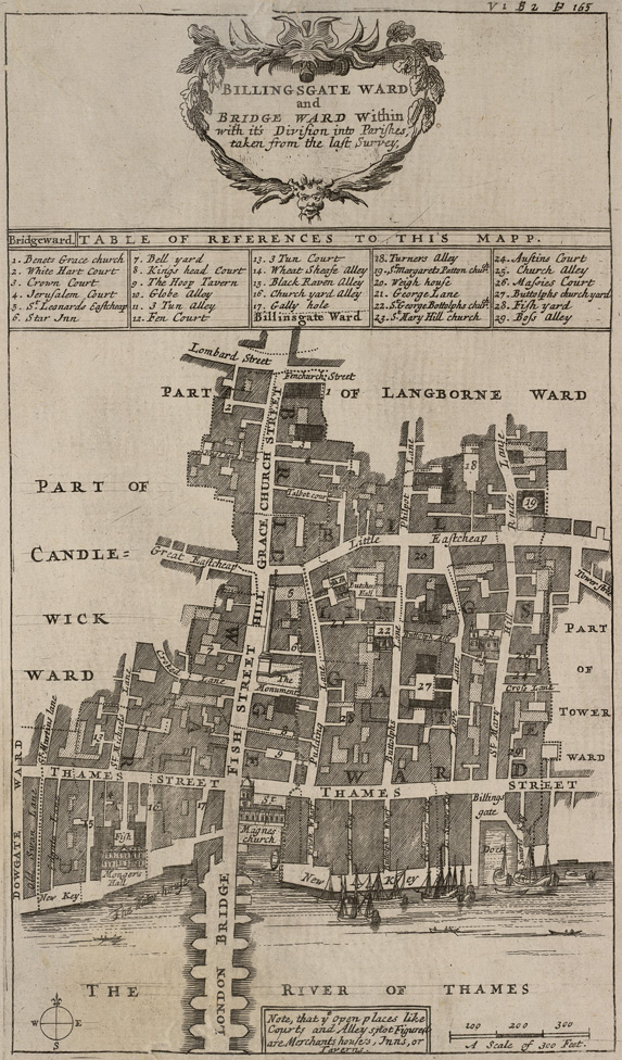 1720: Blome’s Map of Bridge Within Ward and Billingsgate Ward. Image courtesy of British Library Crace Collection. 
                        © British Library Board; Maps Crace Port. 8.6