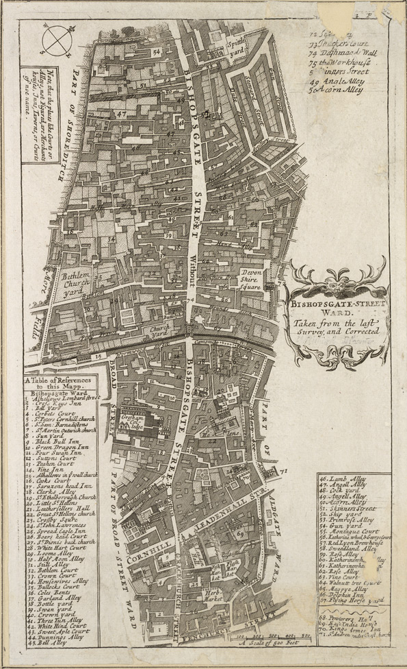 1720: Blome’s Map of Bishopsgate Ward. Image courtesy of British Library Crace Collection. 
                © British Library Board; Maps Crace Port. 8.8
