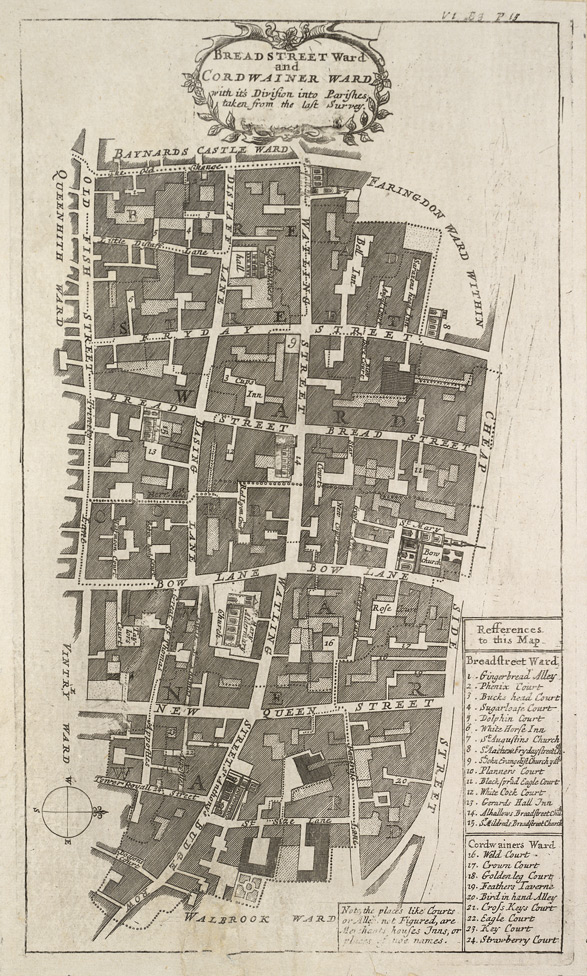1720: Blome’s Map of Bread Street Ward and Cordwainer Street Ward. Image courtesy of British Library Crace Collection. 
                © British Library Board; Maps Crace Port. 8.10