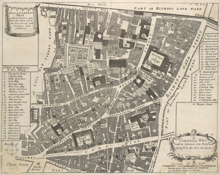 1720: Blome’s Map of Cornhill Ward and Broad Street Ward. Image courtesy of British Library Crace Collection. 
                © British Library Board; Maps Crace Port. 8.12