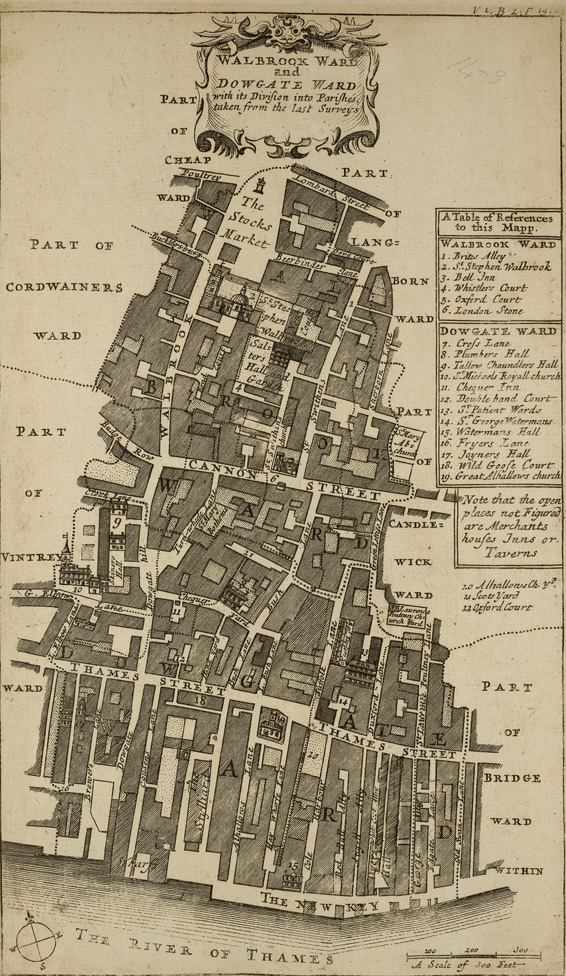 1720: Blome’s Map of Dowgate Ward and Walbrook Ward. Image courtesy of British Library Crace Collection. 
                © British Library Board; Maps Crace Port. 8.40