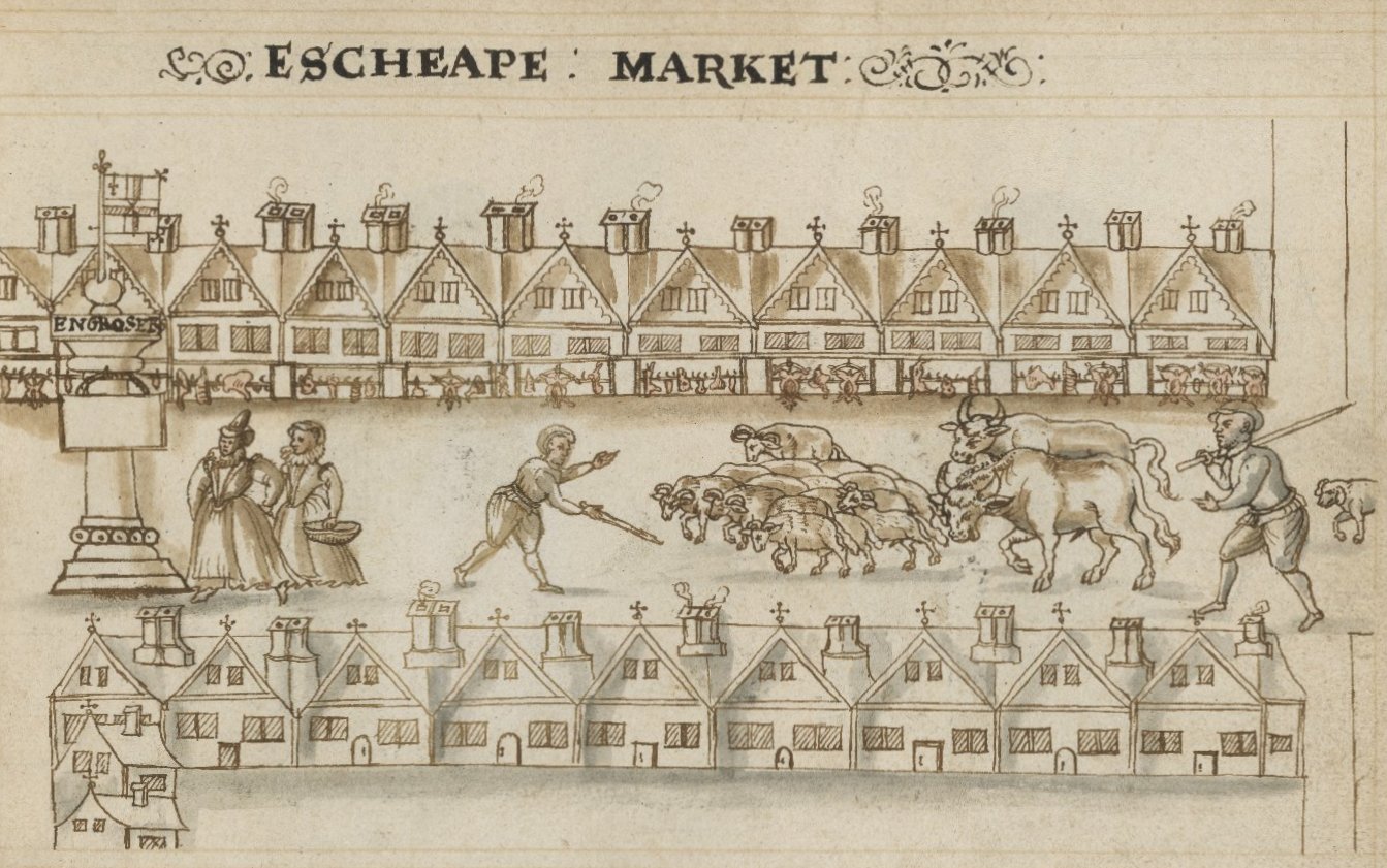 Drawing of Eastcheap by Hugh Alley. Image courtesy of the Folger Digital Image Collection.