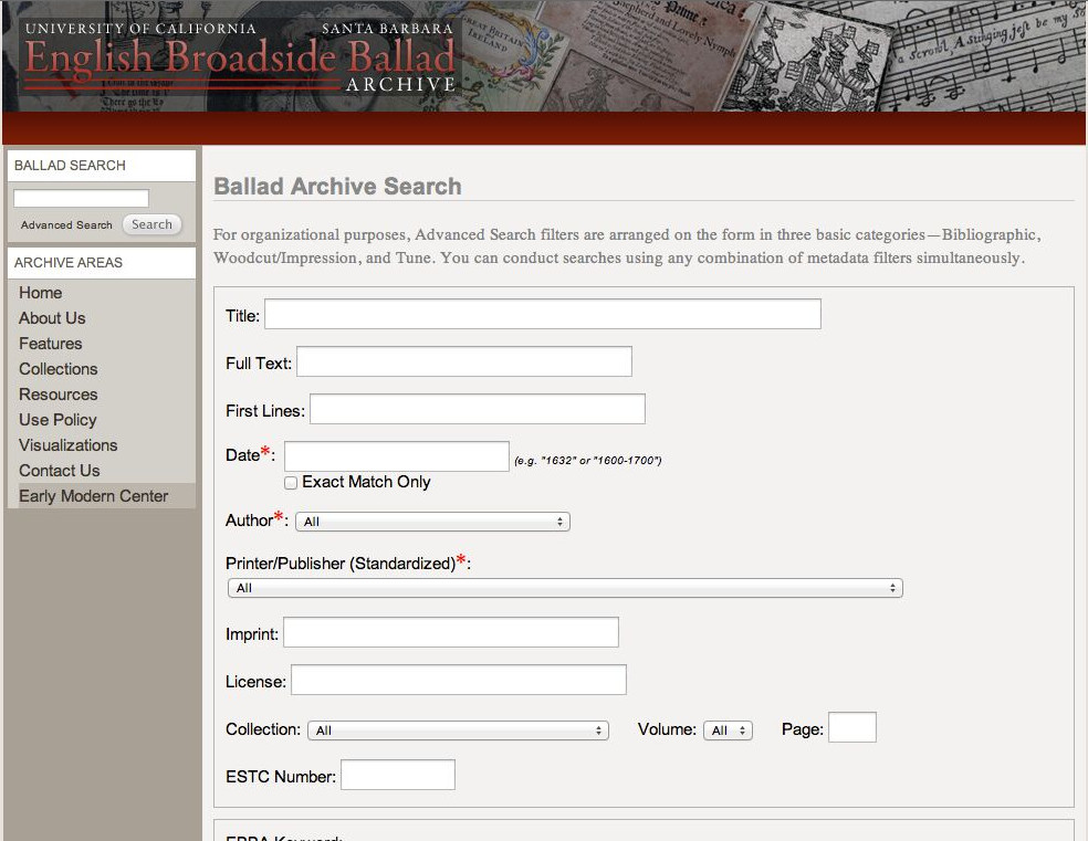 Screen capture of the EBBA advanced search page.