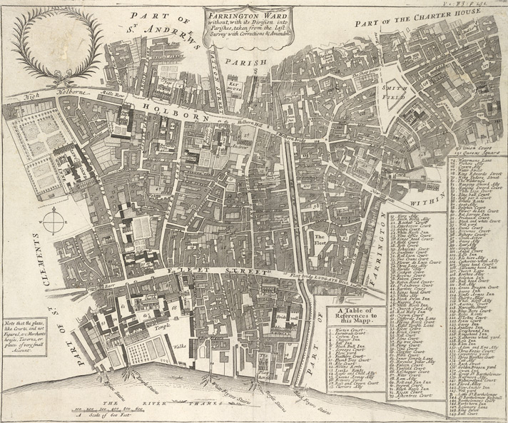 1720: Blome’s Map of Farringdon Without Ward. Image courtesy of British Library Crace Collection. 
                        © British Library Board; Maps Crace Port. 8.24