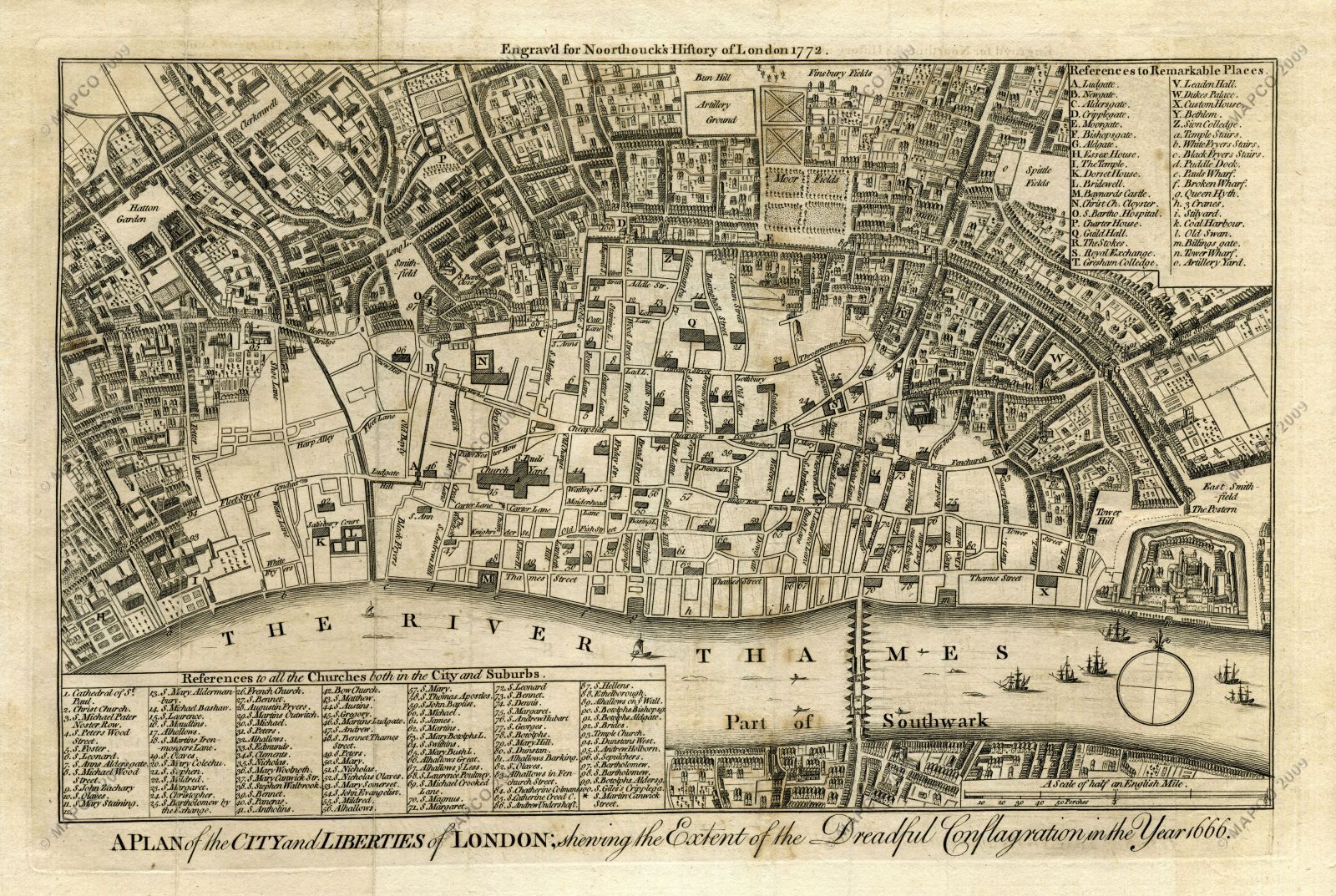 A Plan of the City and Liberties of London; Shewing the Extent of the Dreadful Conflagration in the Year 1666 (Wenceslaus Hollar). Image courtesy of Map and Plan Collection Online (MAPCO).