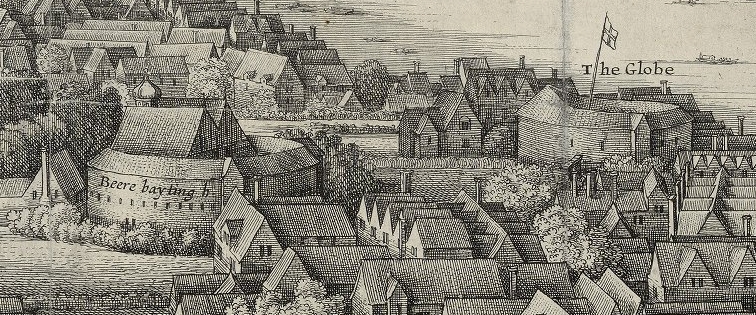 The Bear Garden  (left) and the Bull Baiting arena (right) as depicted by Hollar’s long view map of 1647. Image courtesy of the Folger Digital Image Collection.